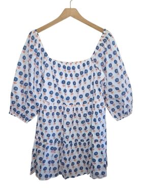 Victoria Dunn Cotton Babydoll Block Print Dress Size XS Blue Orange White Boho
